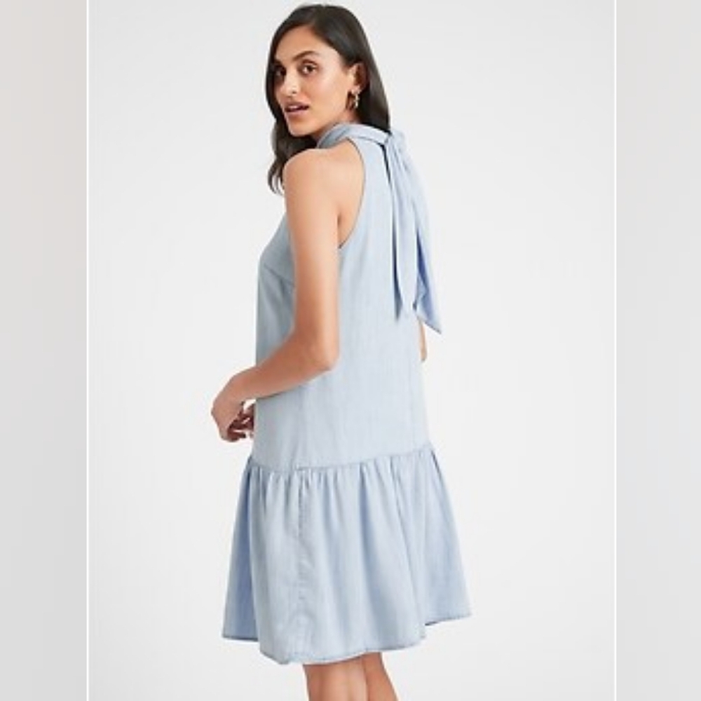 XS Banana Republic Lyocell Chambray Drop Waist Halter Tie Neck Dress